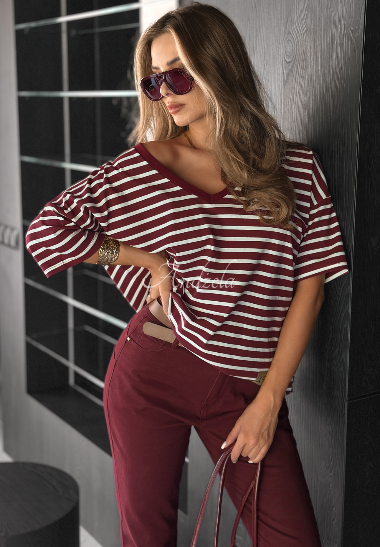 Bawełniany T-shirt oversize w paski Cascade burgundowy