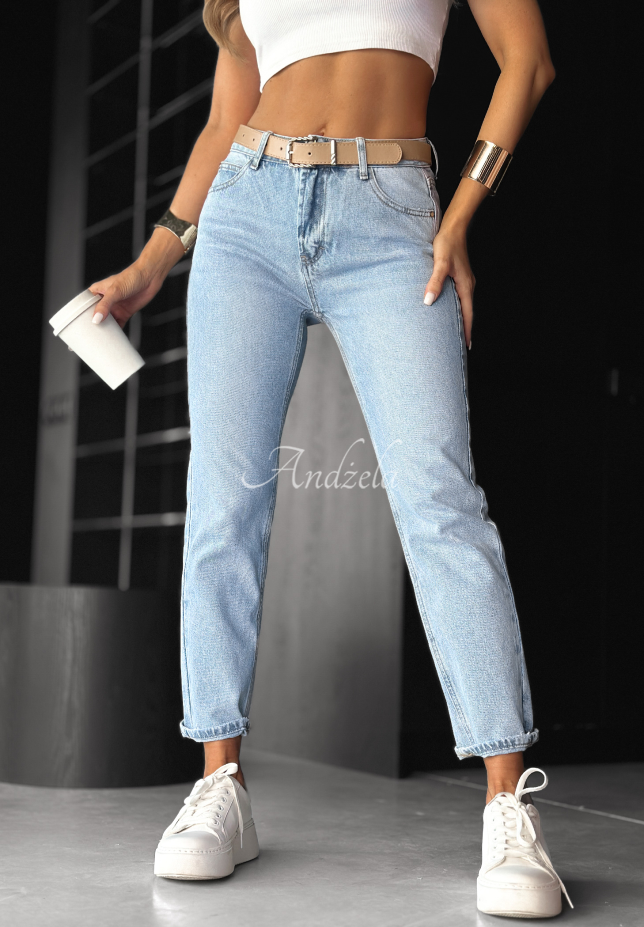 Denim mom fit pants with belt No Rush blue