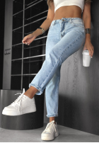 Spodnie jeansowe mom fit z paskiem No Rush niebieskie