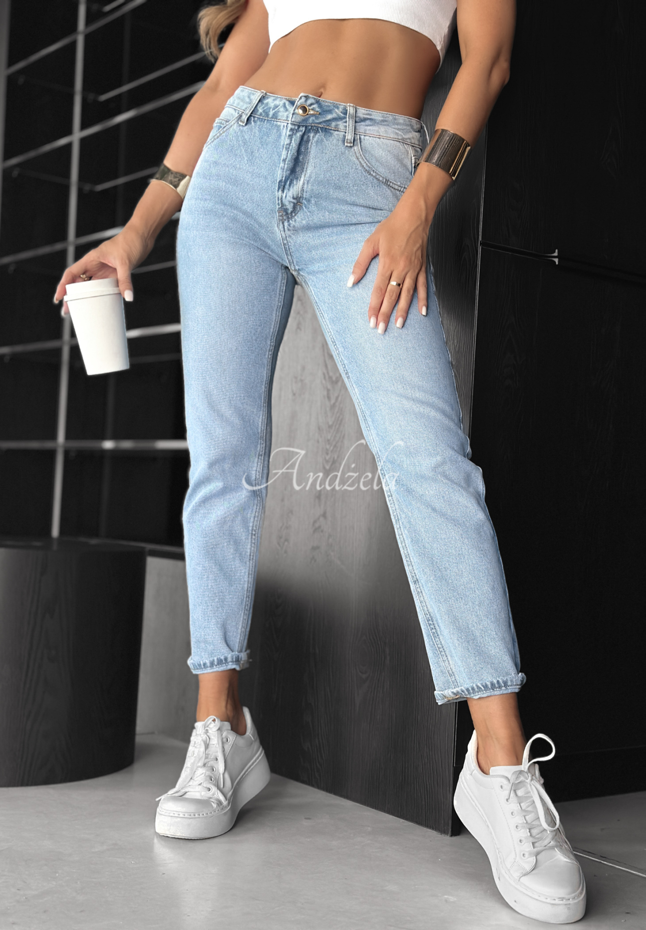 Denim mom fit pants with belt No Rush blue