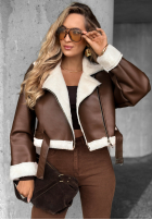 Krótka skórzana kurtka z kożuszkiem No Reaction czekoladowa