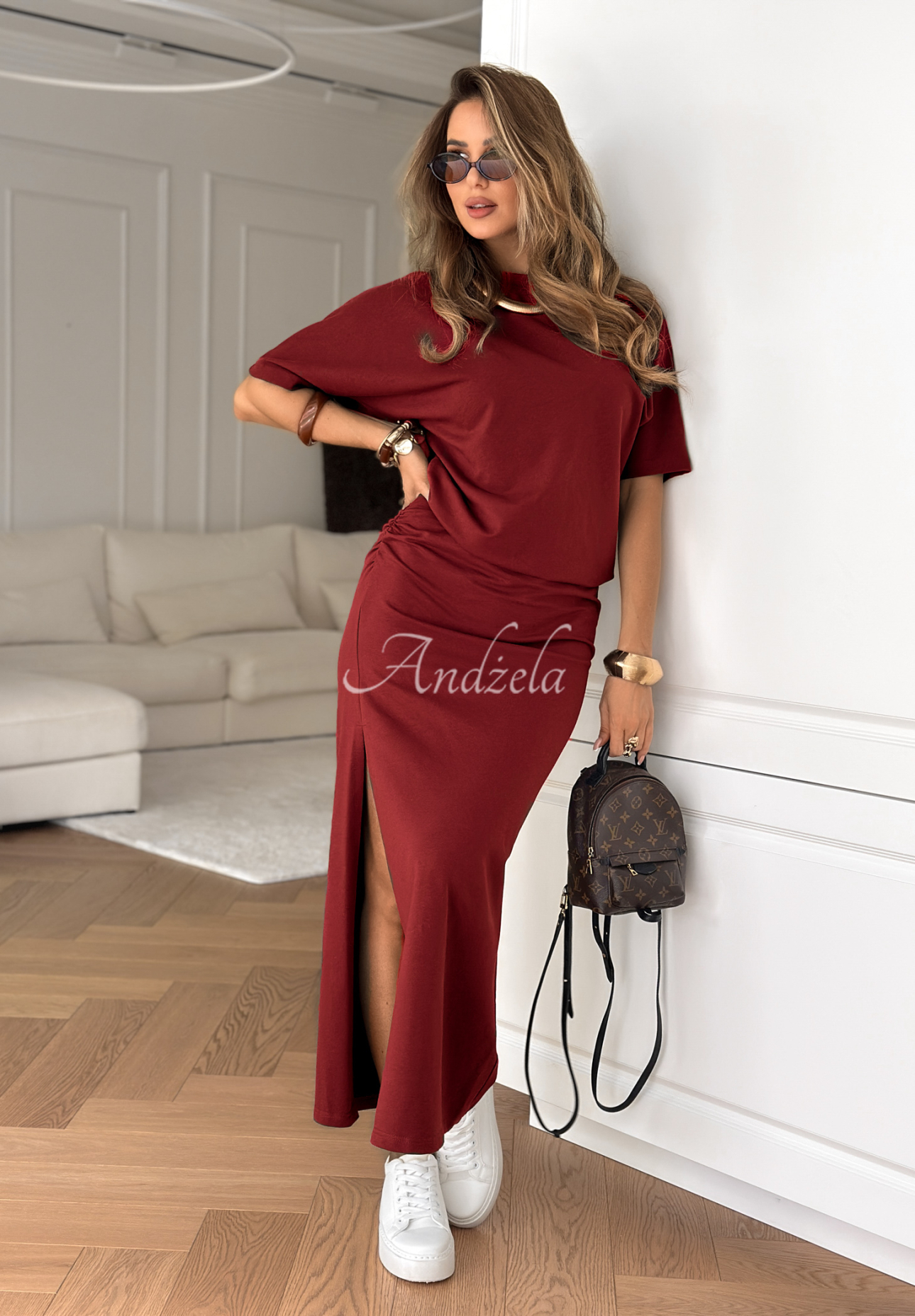 Fitted dress with creases Tequila Sunrise burgundy