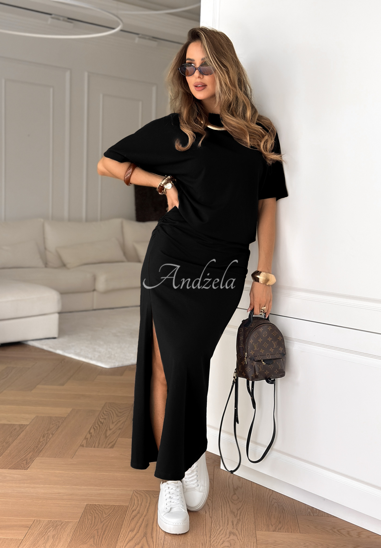 Fitted dress with pleats Tequila Sunrise black