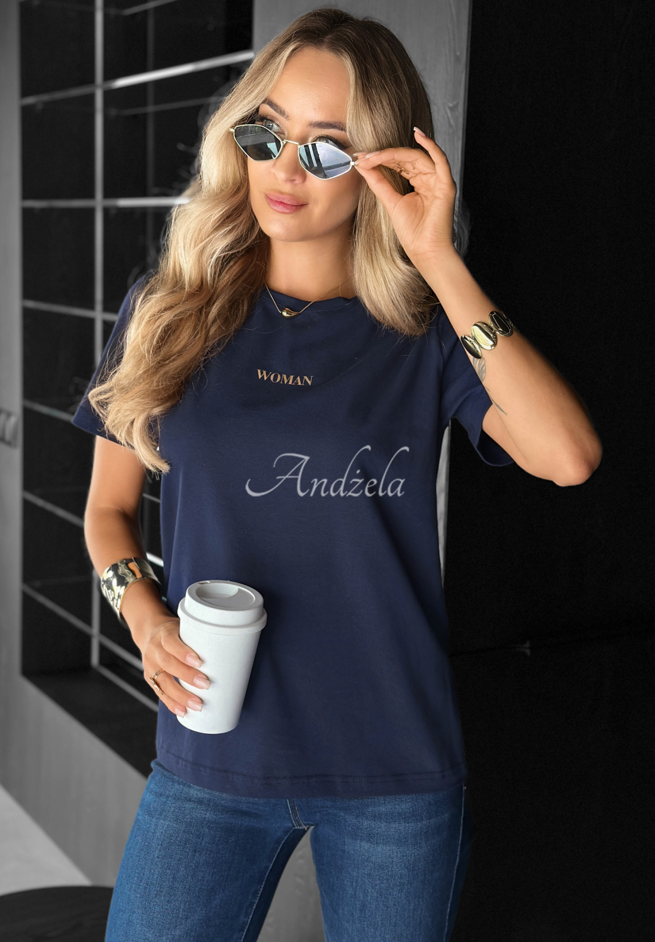 Bawełniany T-shirt z nadrukiem Woman granatowy