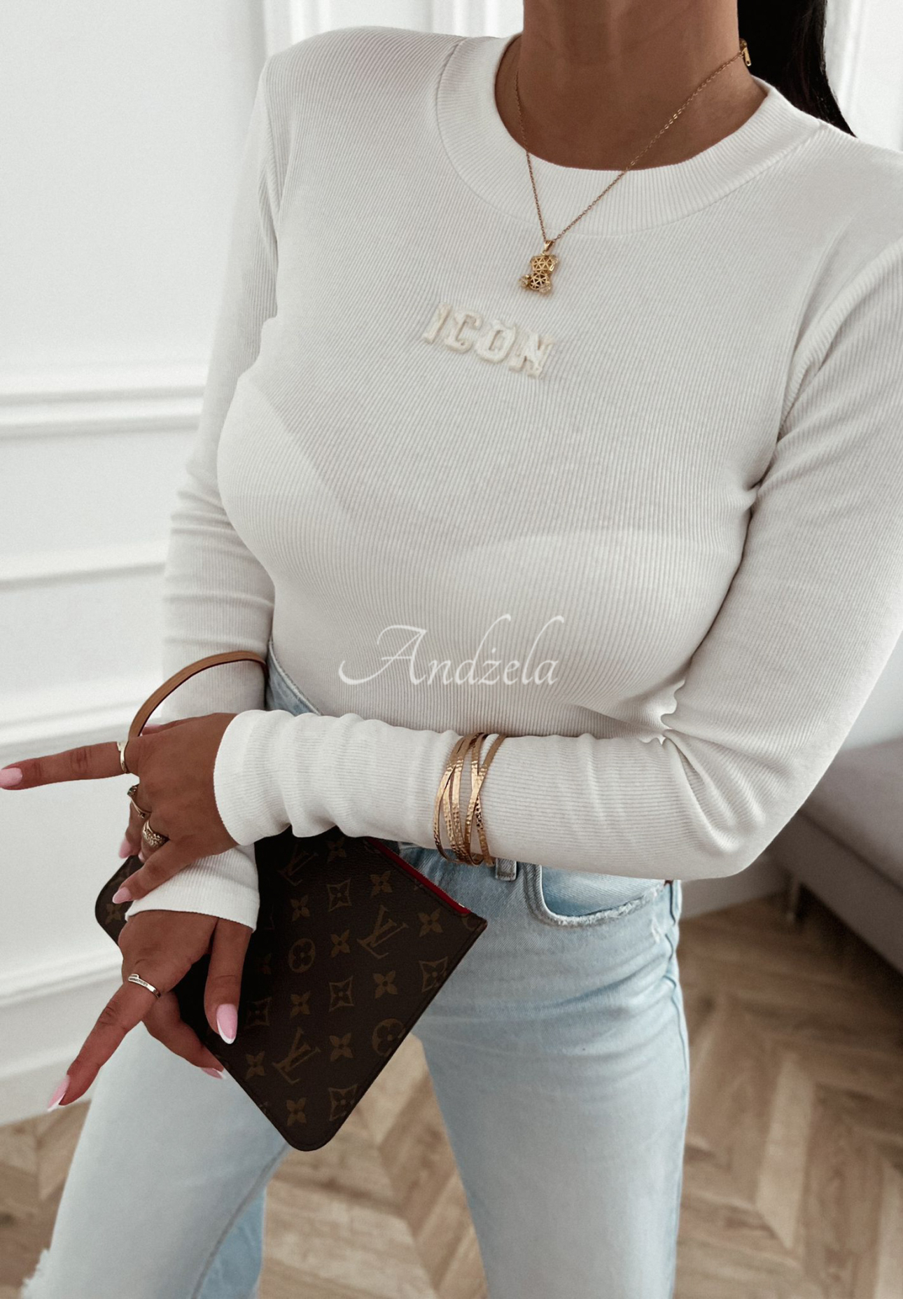 Bawełniana prążkowana bluzka z długim rękawem Icon ecru