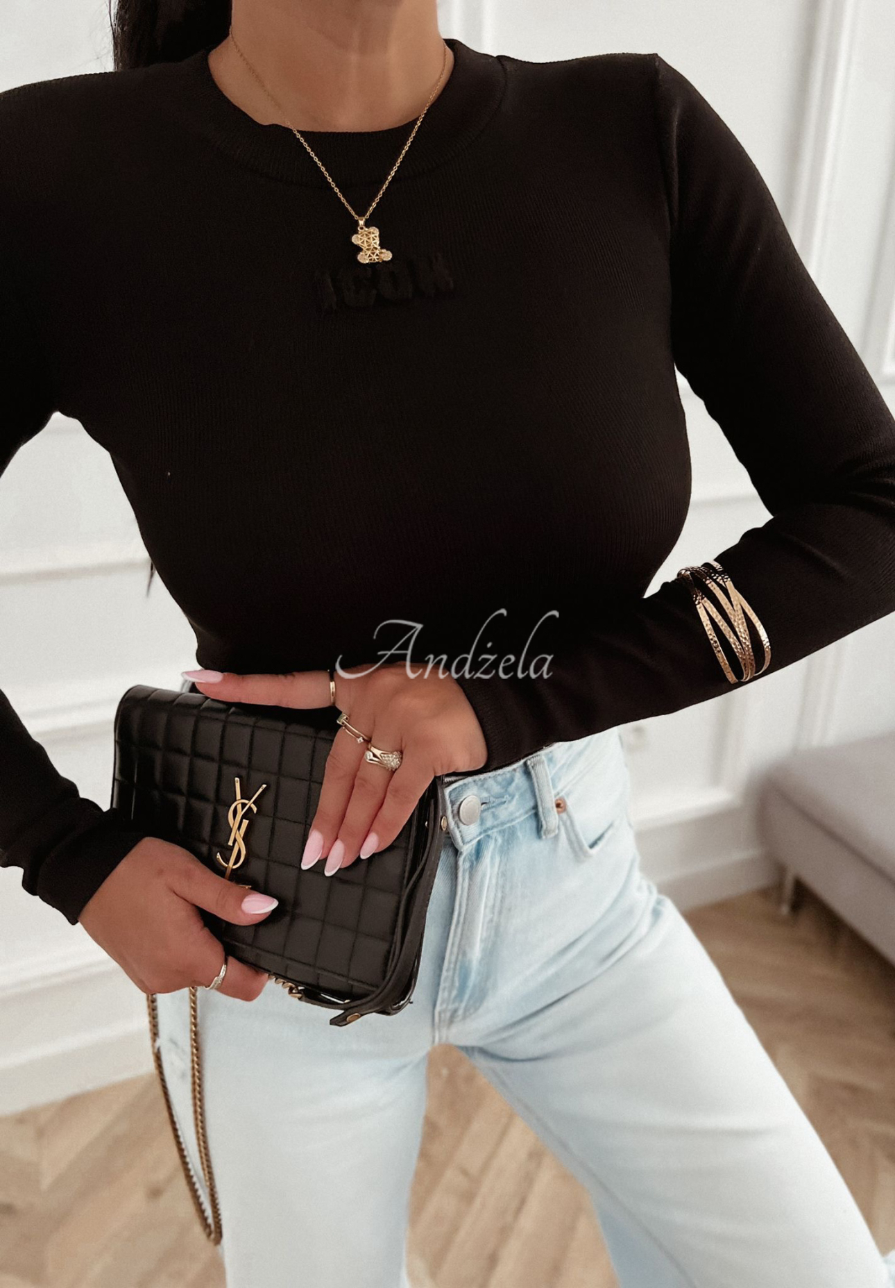 Ribbed long sleeve blouse Icon black