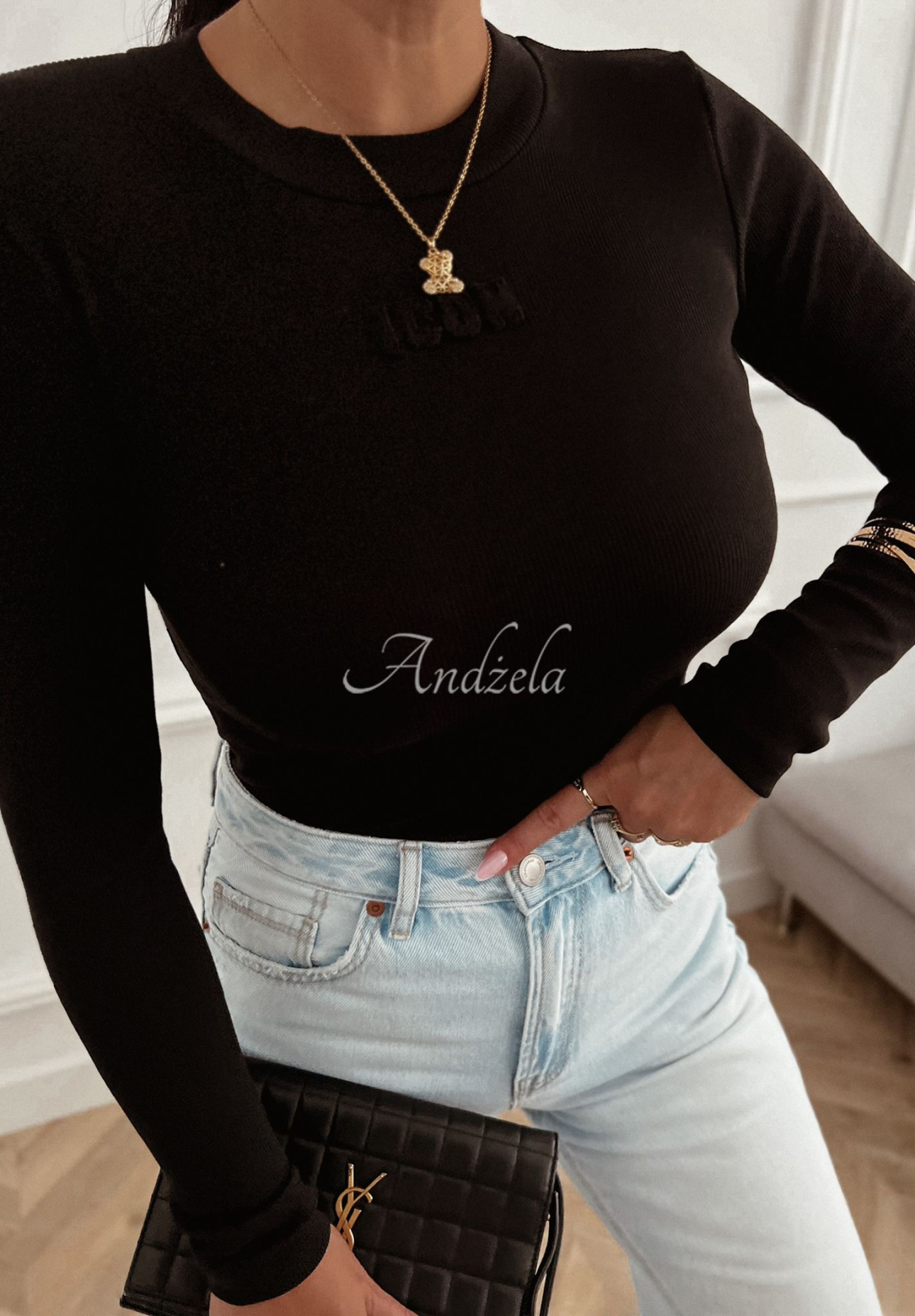 Ribbed long sleeve blouse Icon black
