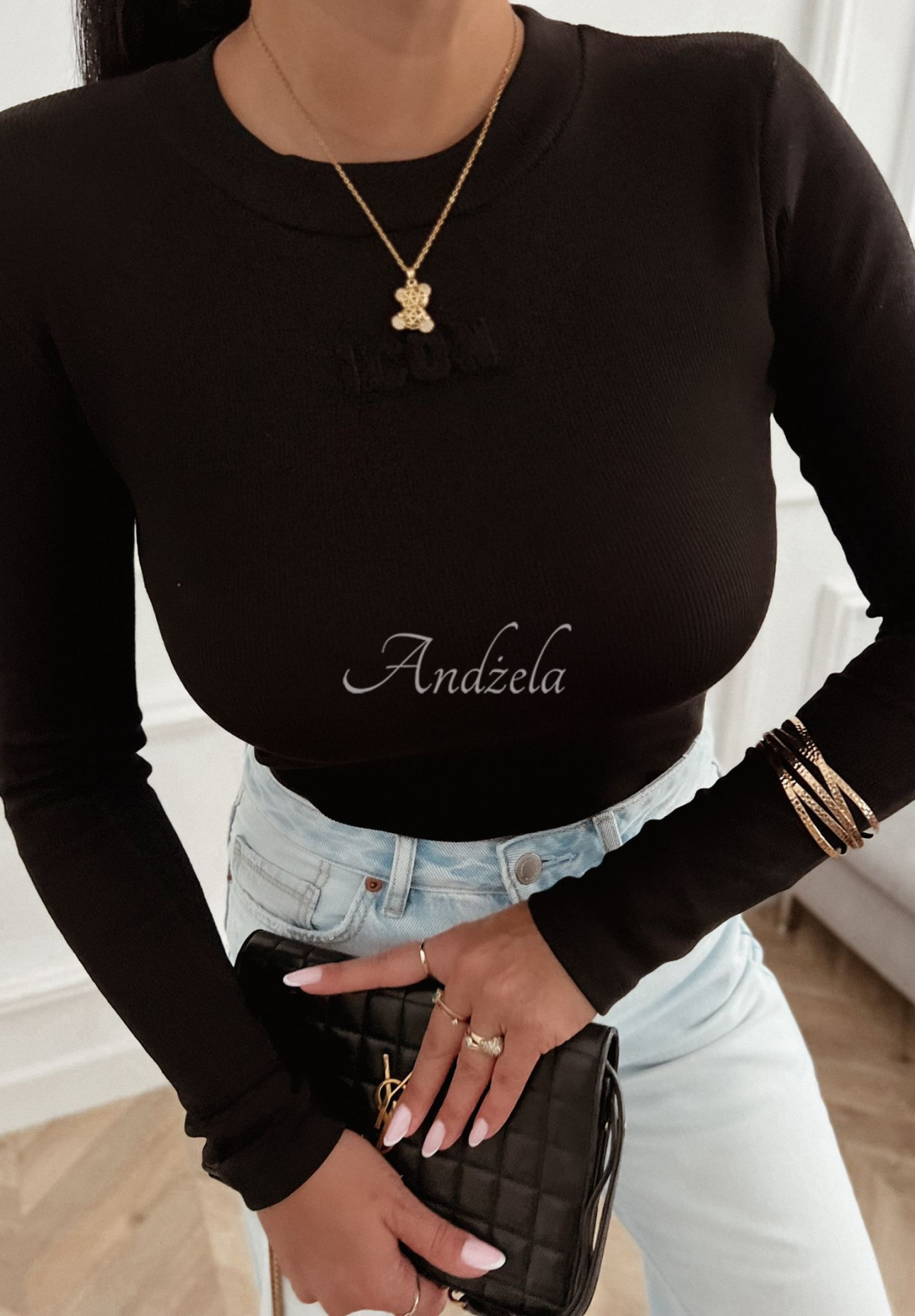 Ribbed long sleeve blouse Icon black