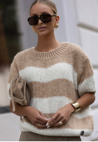 Sweter z krótkimi rękawami w paski Eyes Don’t Lie beżowo-biały