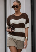 Sweter z krótkimi rękawami w paski Eyes Don’t Lie czekoladowo-białe