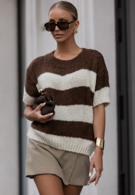 Sweter z krótkimi rękawami w paski Cocomore Eyes Don’t Lie czekoladowy