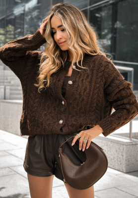 Ozdobnie pleciony kardigan z wełną Chesterton czekoladowy