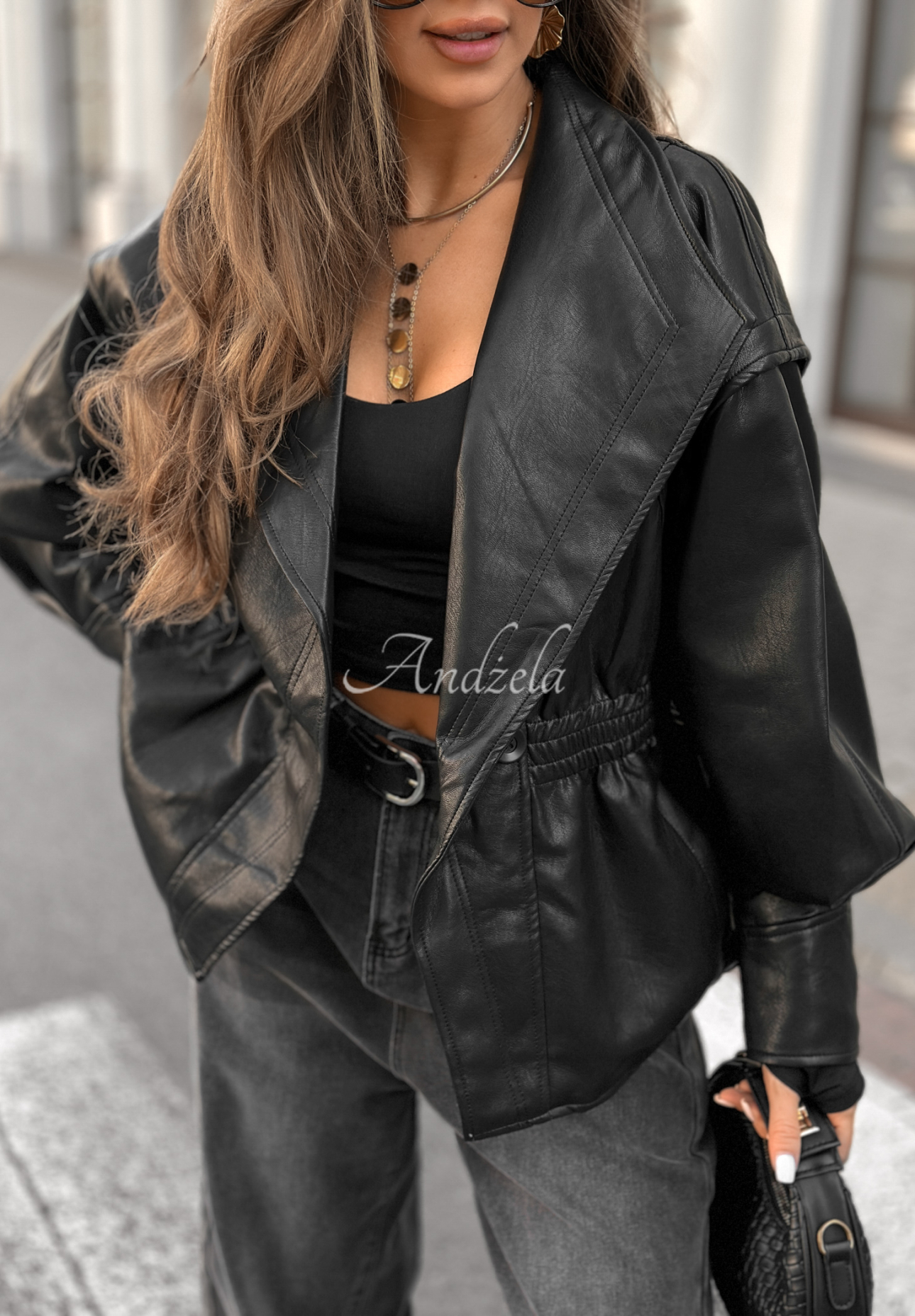Leather jacket with collar Live Fully black