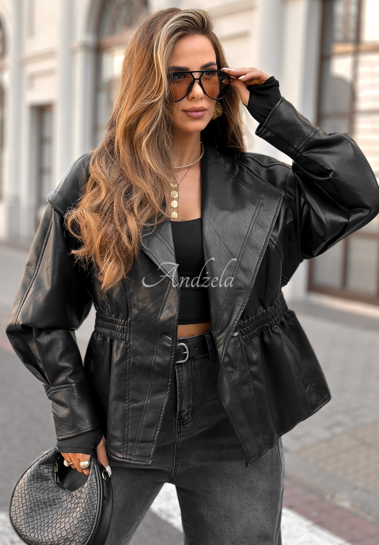 Leather jacket with collar Live Fully black