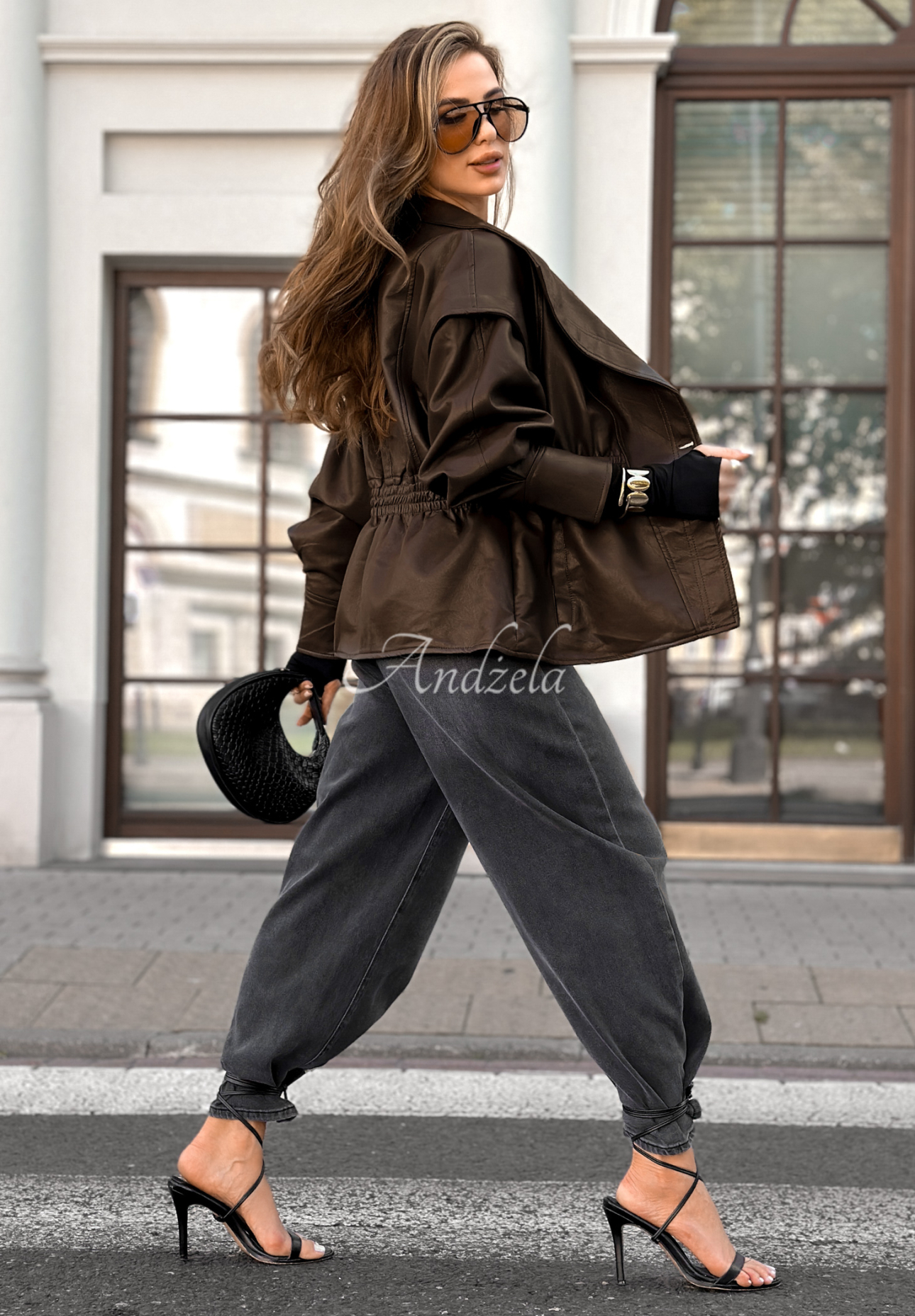 Skórzana kurtka marynarka z kołnierzem Live Fully czekoladowa