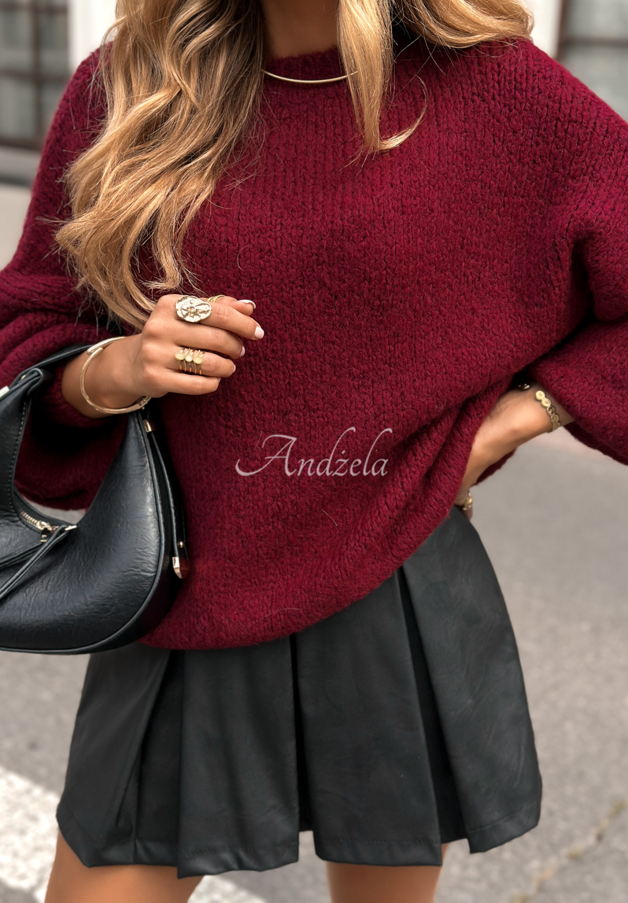 Sweter z bufiastymi rękawami Maybe Never burgundowy