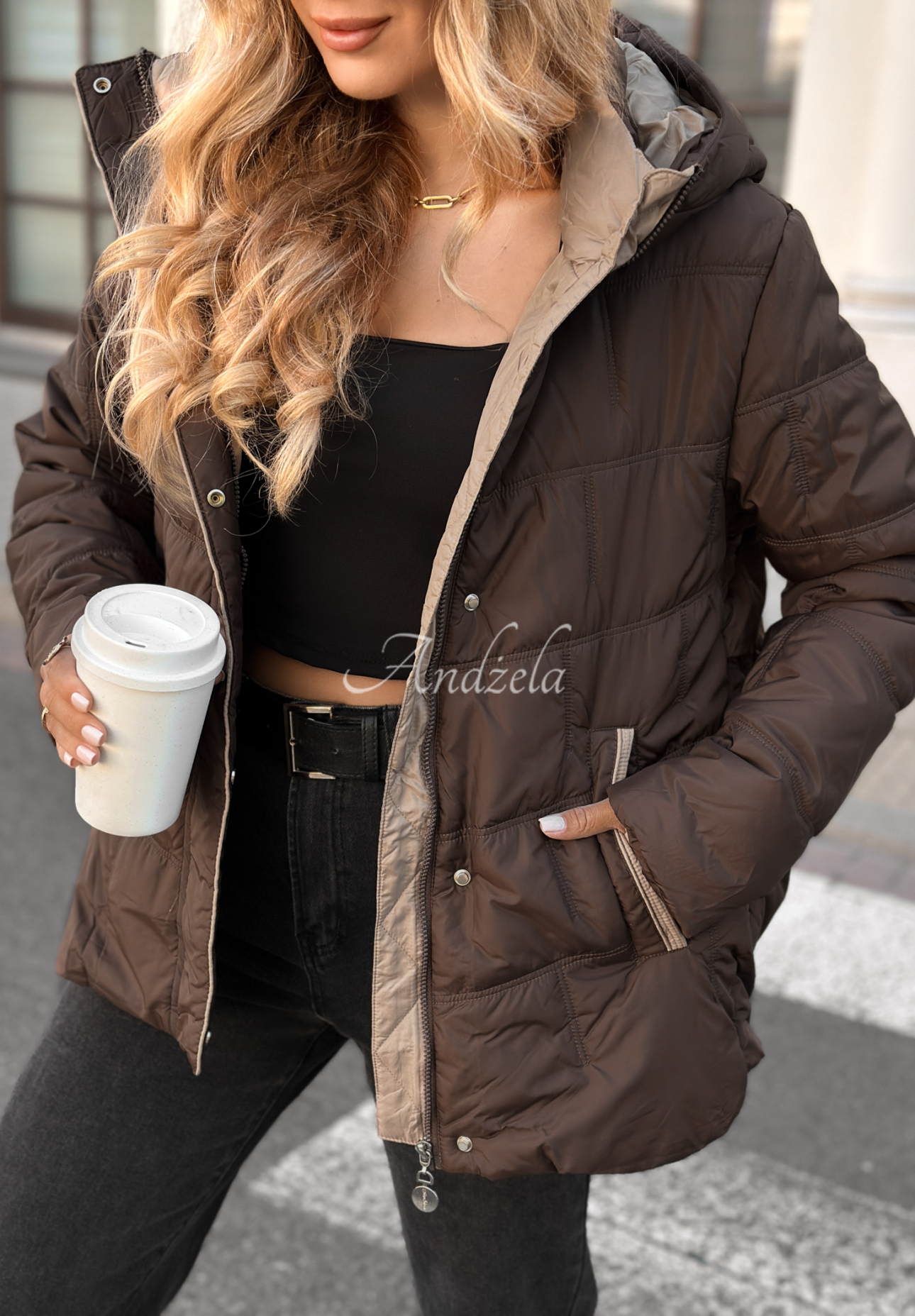 Pikowana kurtka z kapturem Next Episode czekoladowa