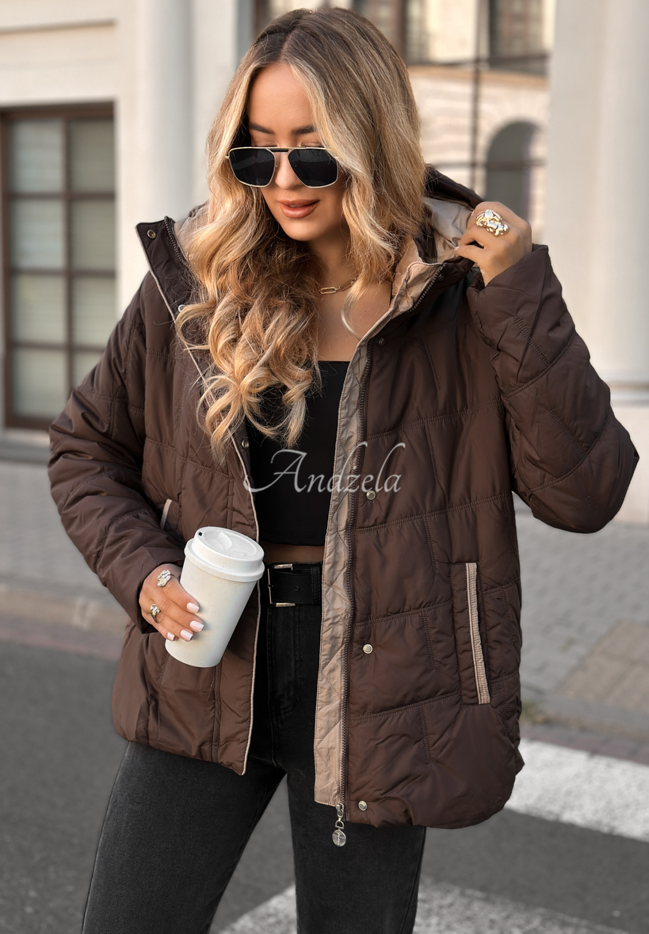 Pikowana kurtka z kapturem Next Episode czekoladowa