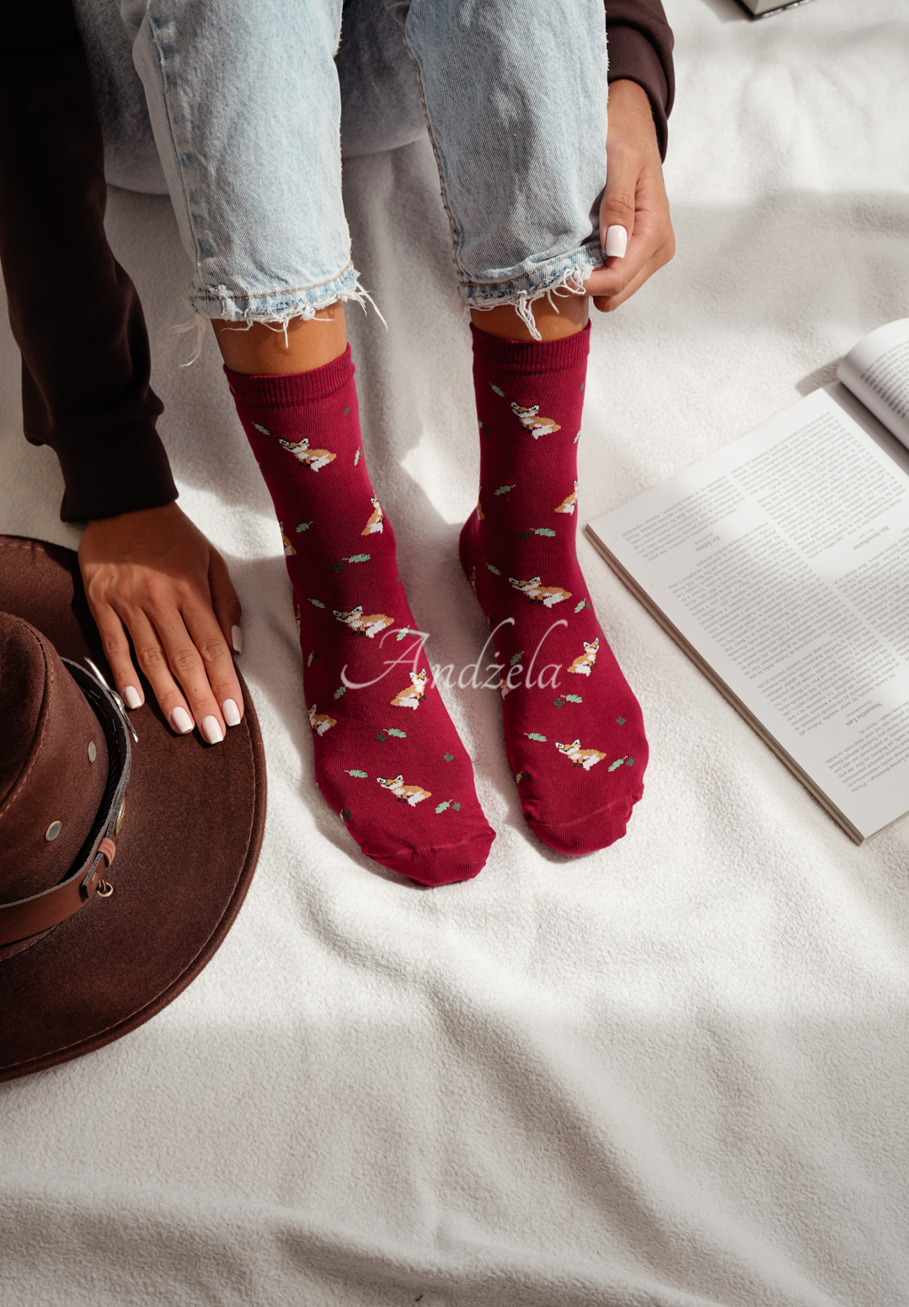 Red Fox burgundy long patterned socks