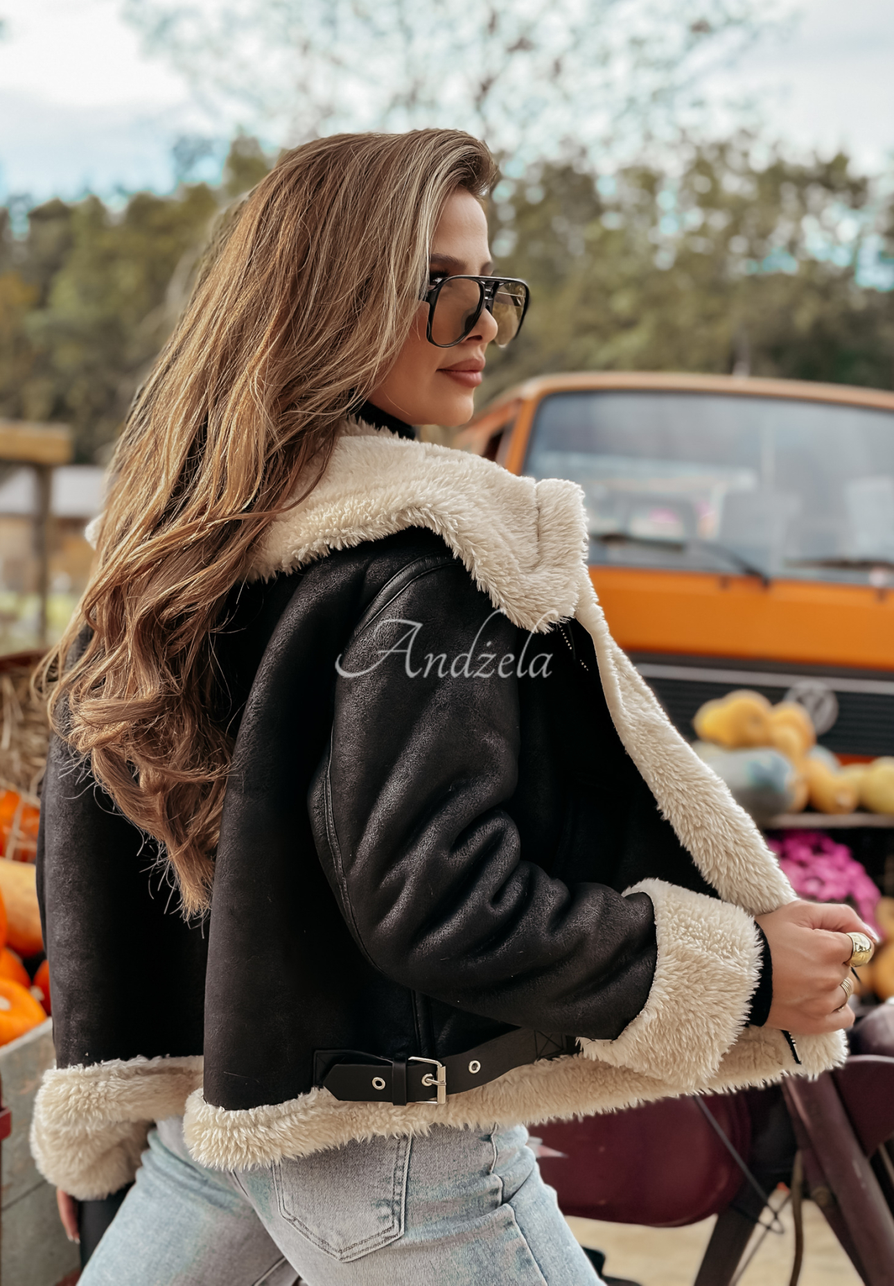 Short suede sheepskin jacket Mountain Mist black