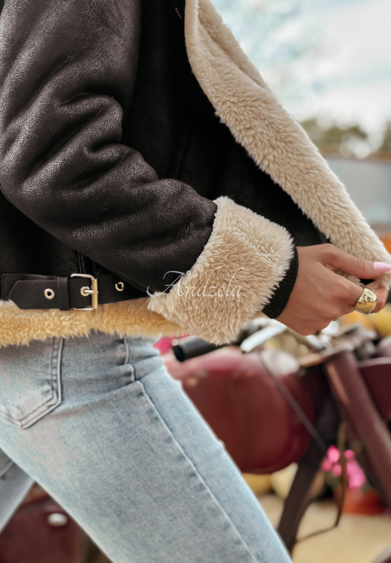 Short suede sheepskin jacket Mountain Mist black