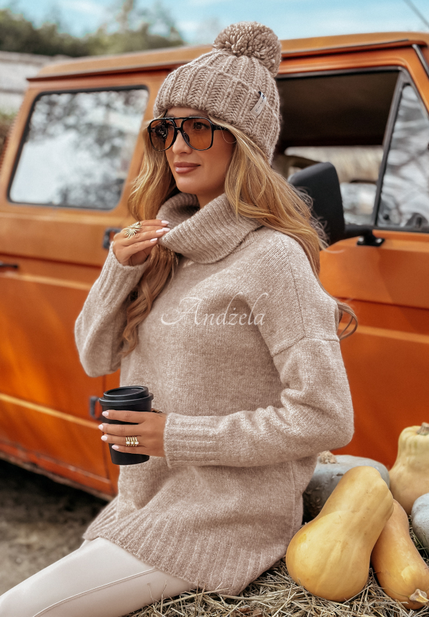 Sweter oversize z golfem i wełną Benin beżowy
