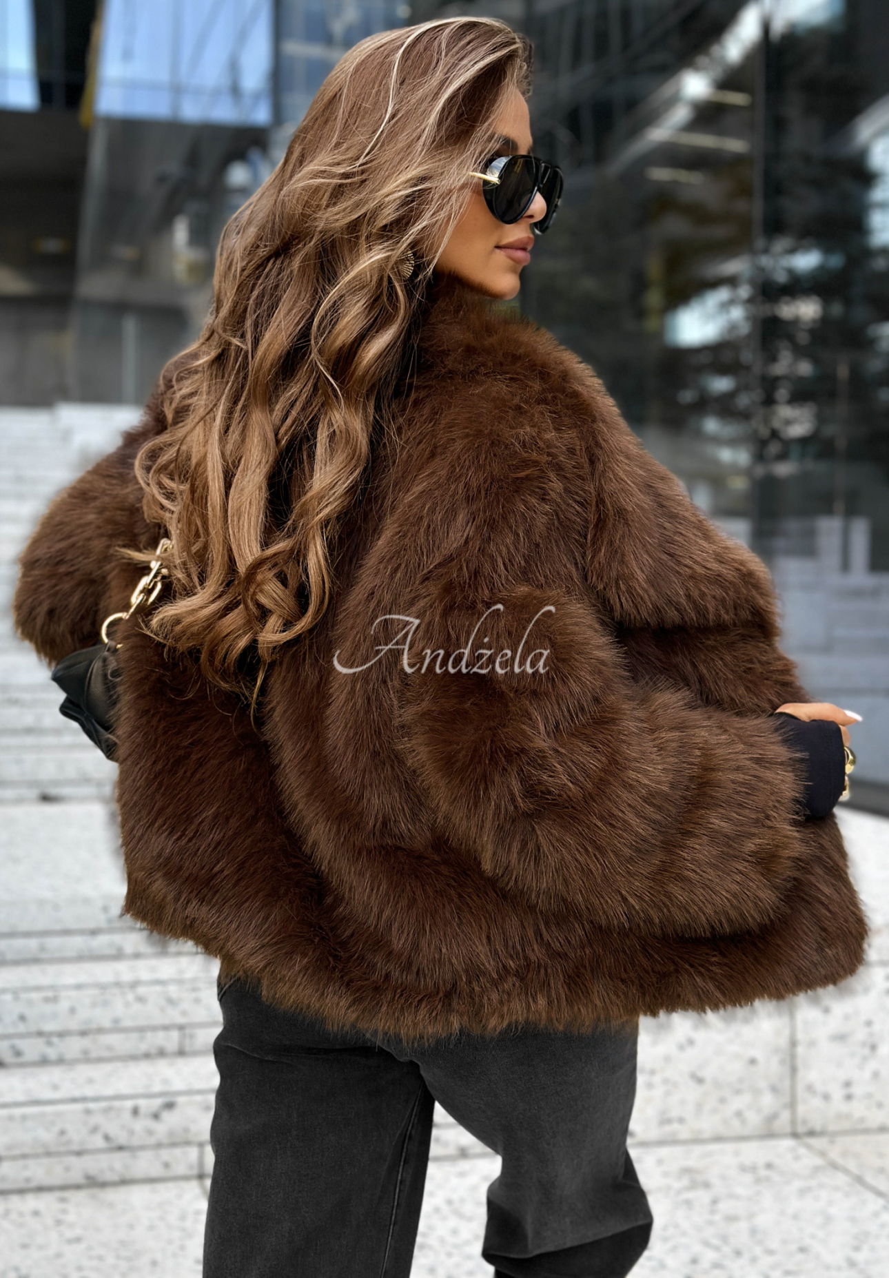 Short fur coat with collar Woody Acres chocolate