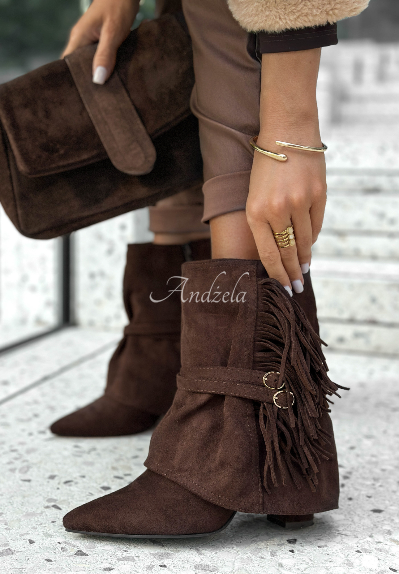 Zamszowe botki z frędzlami Colorado City czekoladowe