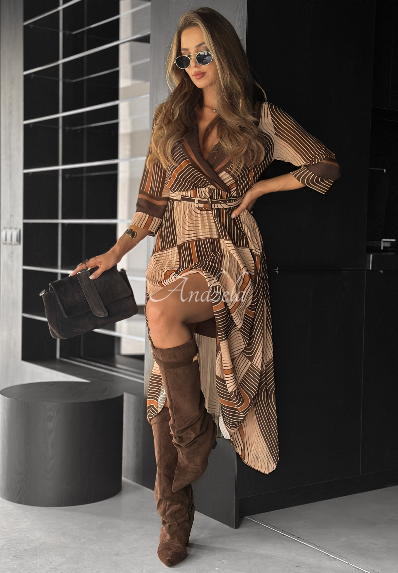 Coffee Please beige and chocolate patterned midi dress