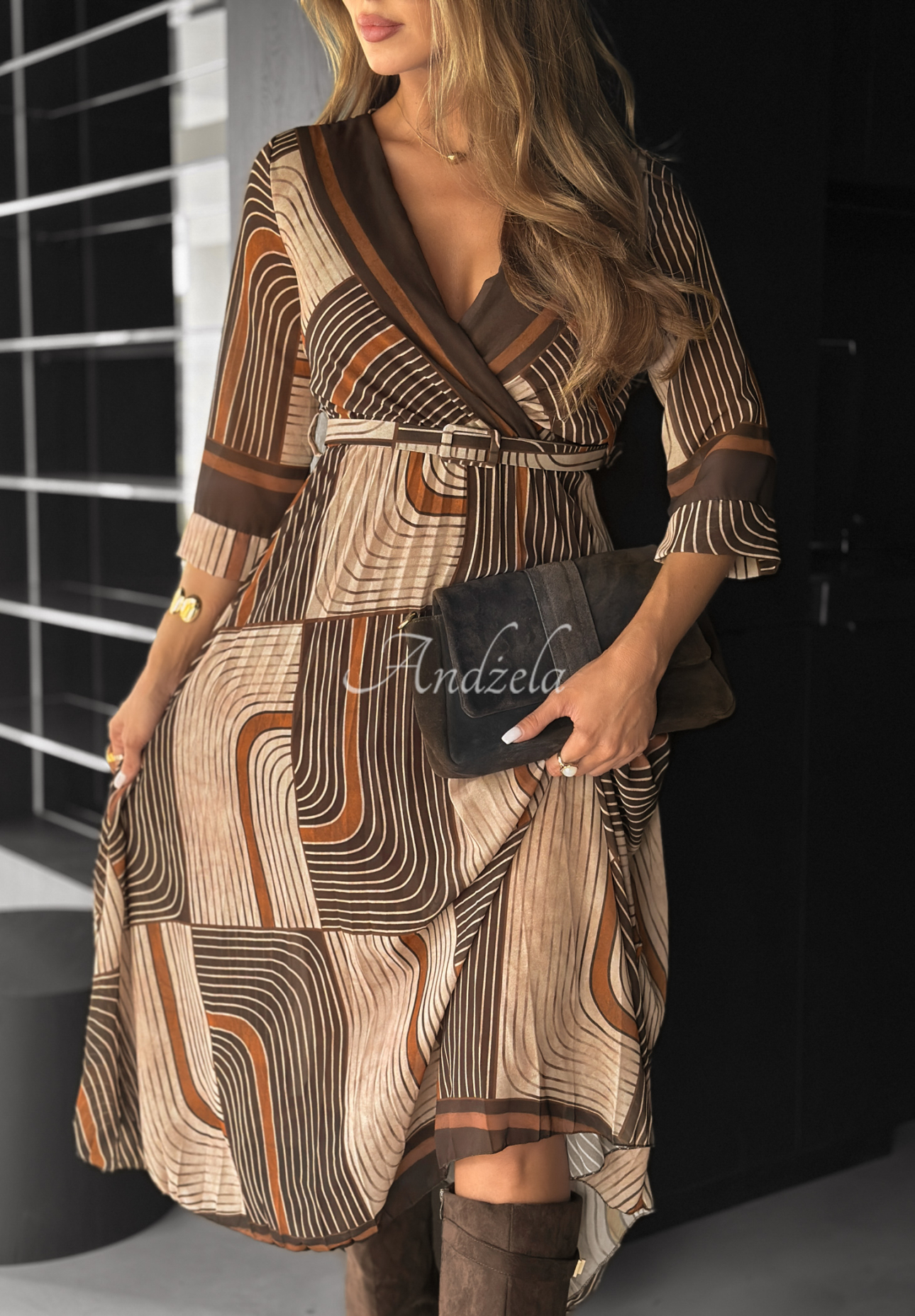 Coffee Please beige and chocolate patterned midi dress
