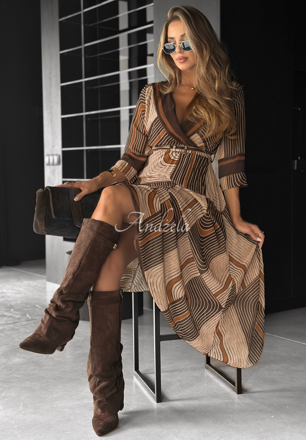 Coffee Please beige and chocolate patterned midi dress