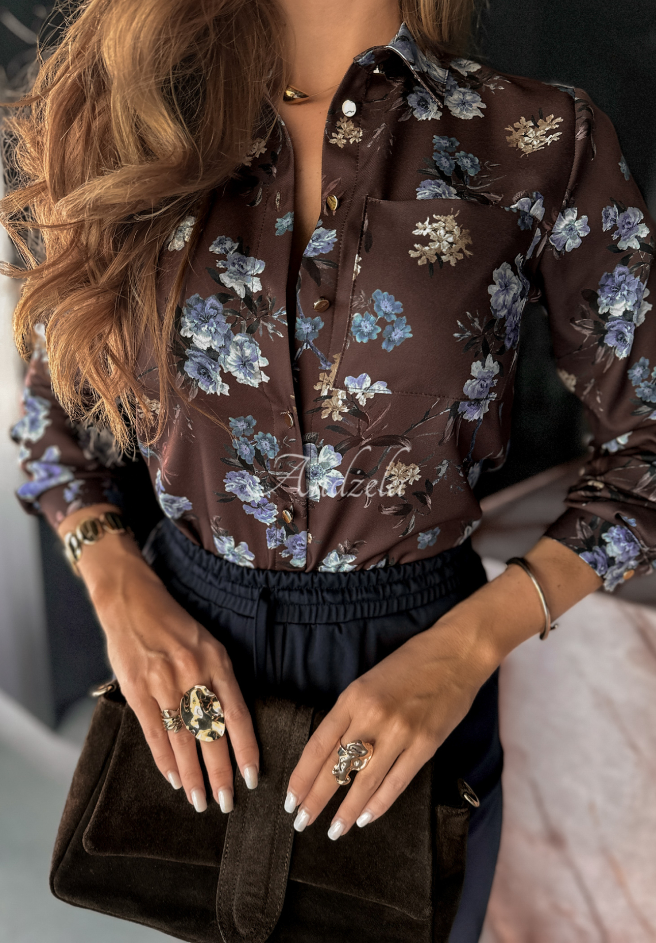 Ask Again chocolate viscose floral shirt