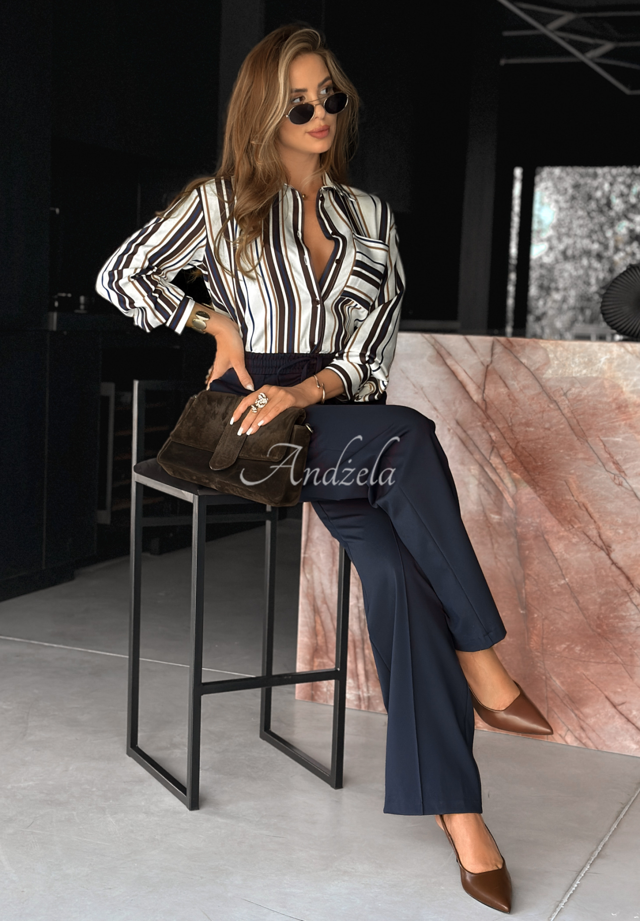 Wiskozowa koszula w paski Next Stop biało-granatowa