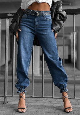 Denim mom fit pants with Stay Curious belt dark blue