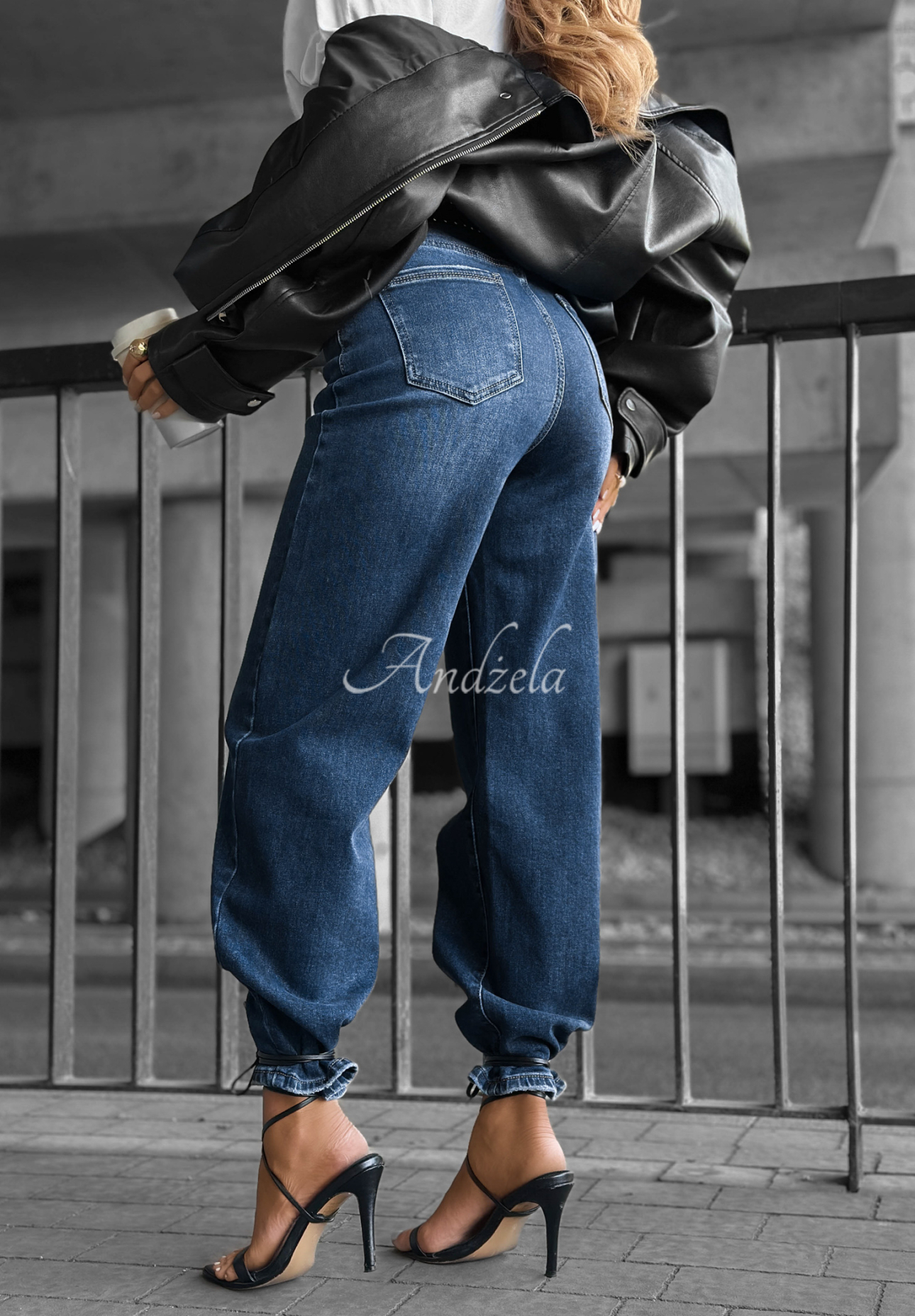 Denim mom fit pants with Stay Curious belt dark blue