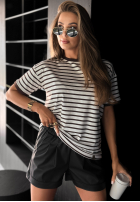 T-shirt w paski Long Story biało-czekoladowy