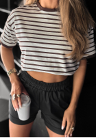 T-shirt w paski Long Story biało-czekoladowy