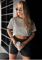 T-shirt w paski Long Story biało-czekoladowy