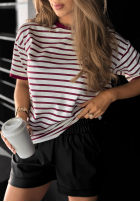 T-shirt w paski Long Story biało-burgundowy