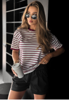 T-shirt w paski Long Story biało-burgundowy