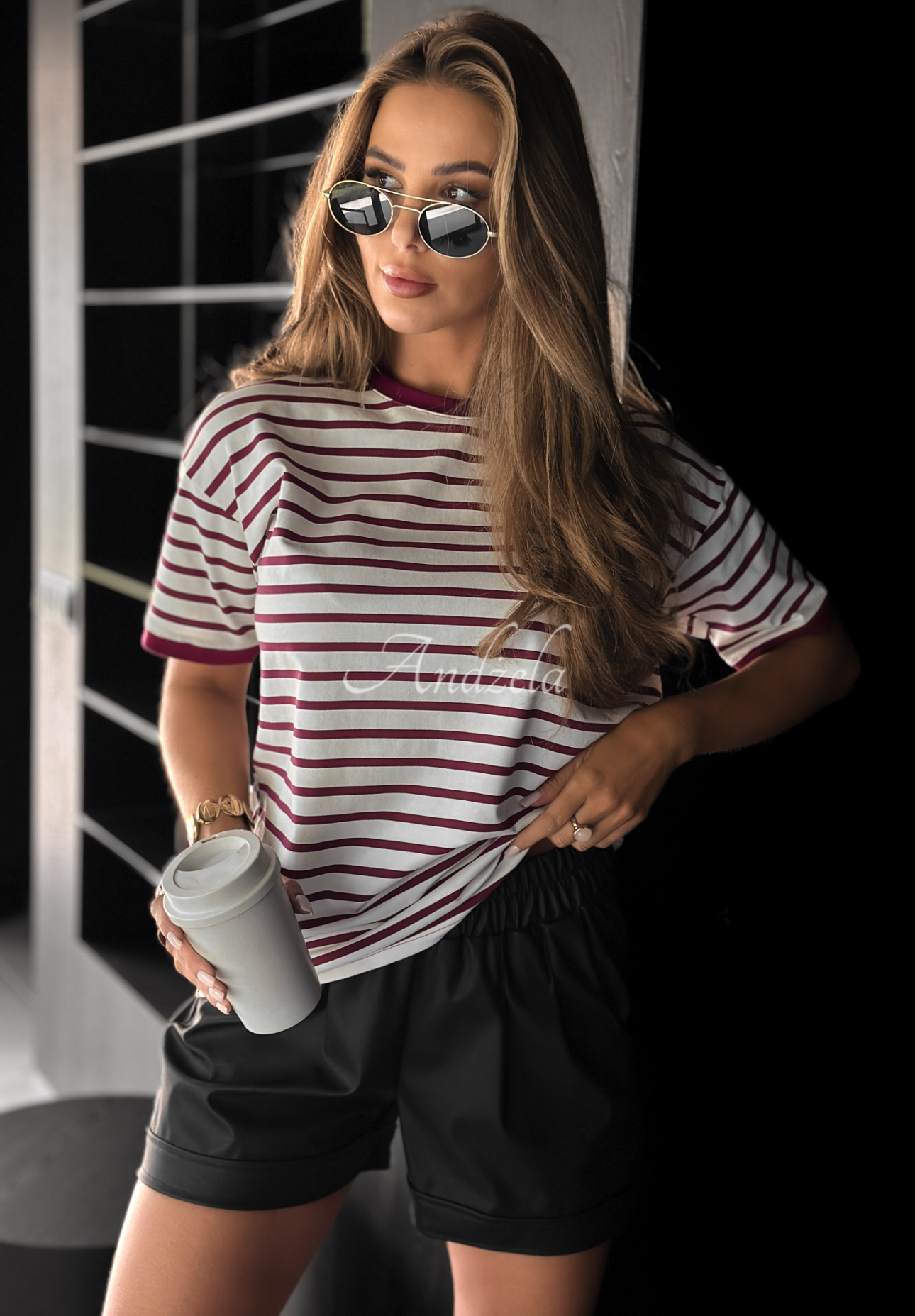 Bawełniany T-shirt w paski Long Story biało-burgundowy