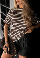 T-shirt w paski Long Story czekoladowy