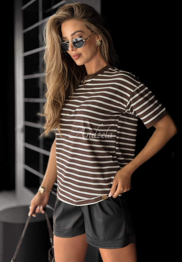Bawełniany T-shirt w paski Long Story czekoladowy