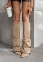 Długie zamszowe kozaki na słupku Call Me Tomorrow beżowe