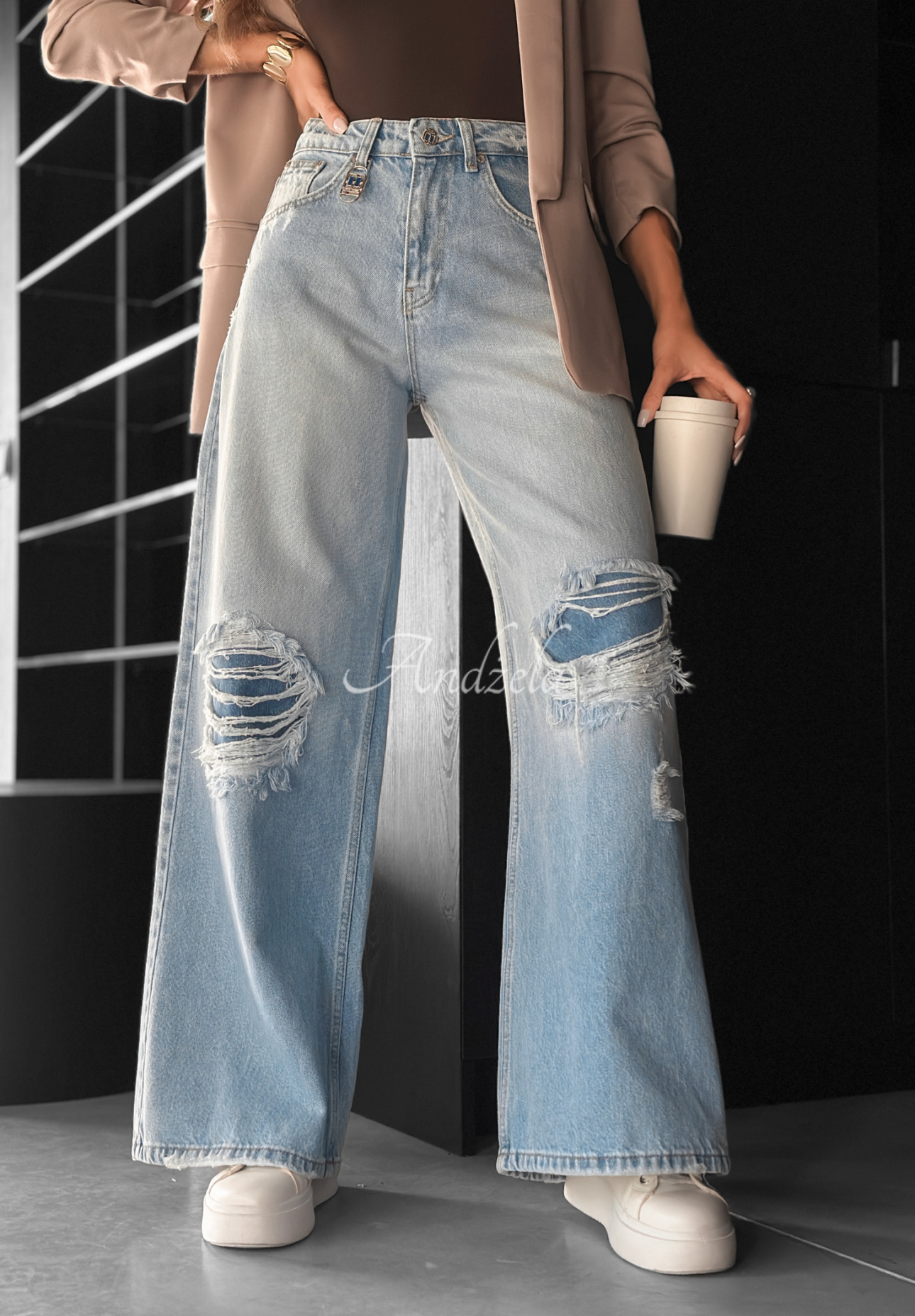 Denim wide leg pants with rubbed No One Asked blue