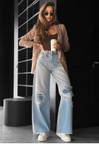 Spodnie jeansowe wide leg z przetarciami No One Asked niebieskie