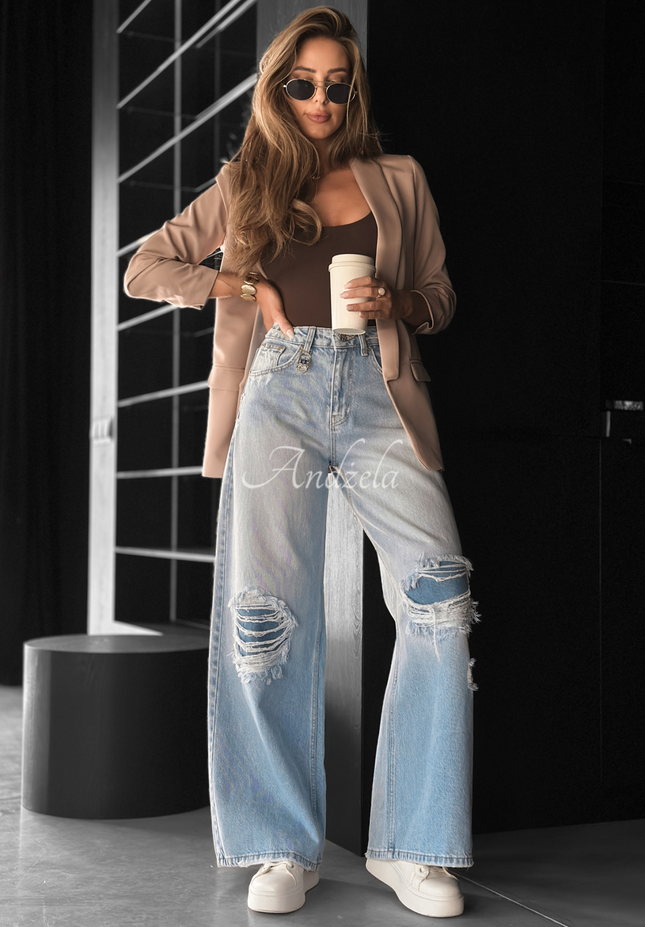 Denim wide leg pants with rubbed No One Asked blue