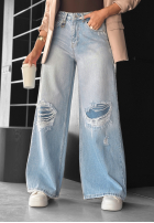 Spodnie jeansowe wide leg z przetarciami No One Asked niebieskie