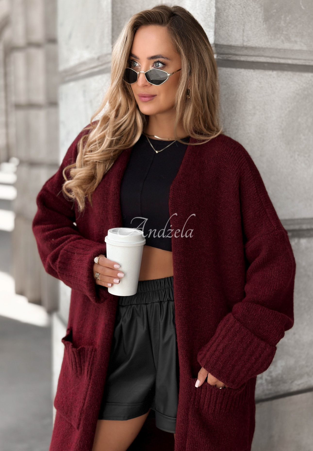 Long oversize cardigan with pockets Marbelio burgundy