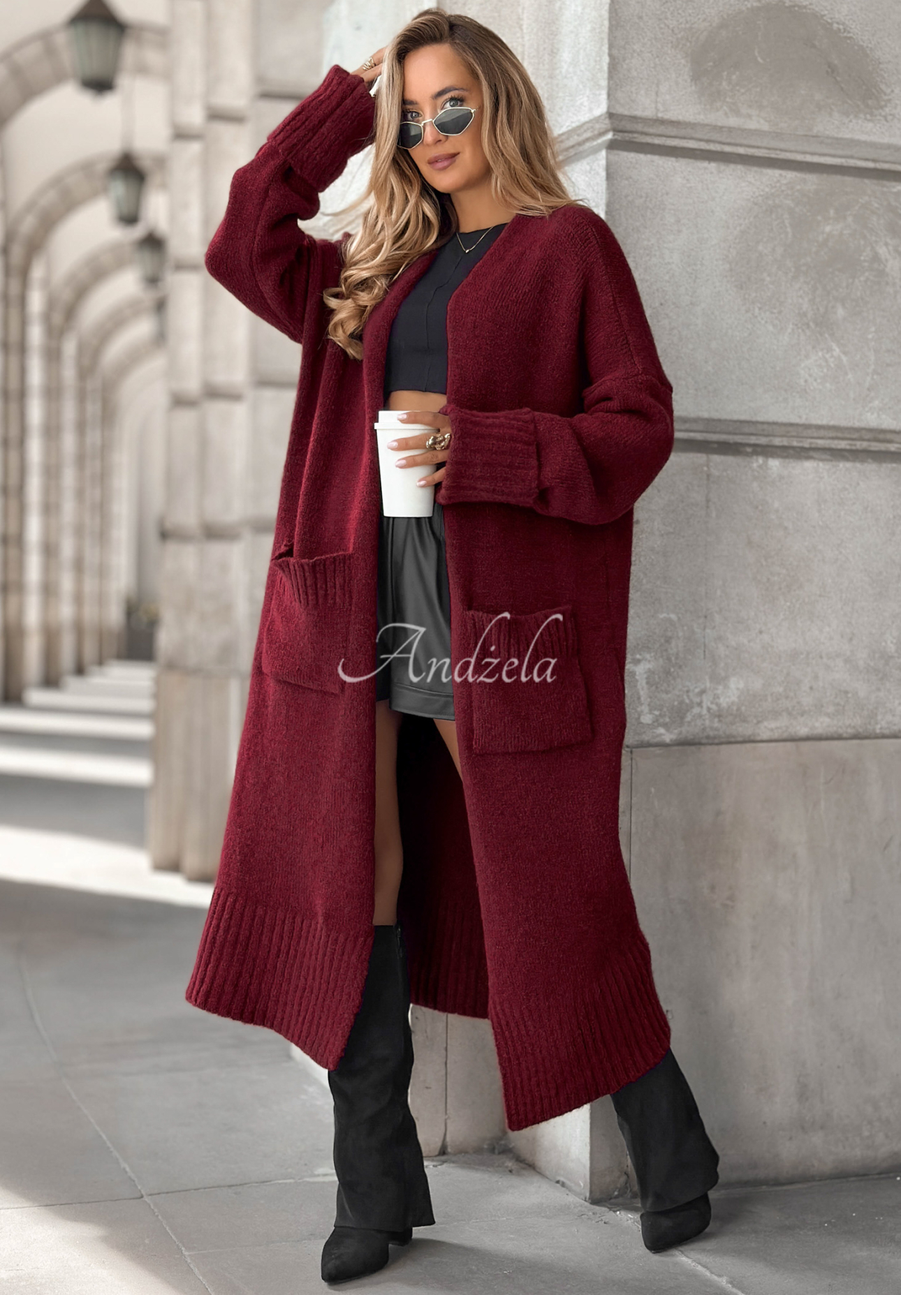 Long oversize cardigan with pockets Marbelio burgundy